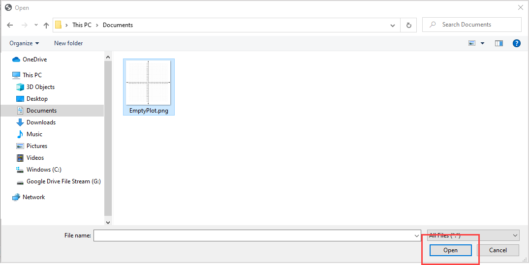 File selected from your computer, and Open button is highlighted.